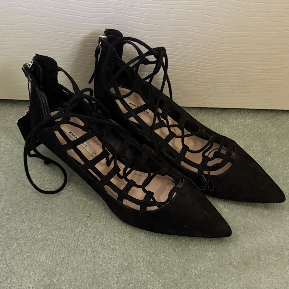 Zara Black Suede Leather Lace-Up 2” Heels-Size 7.5 (38) -NWT